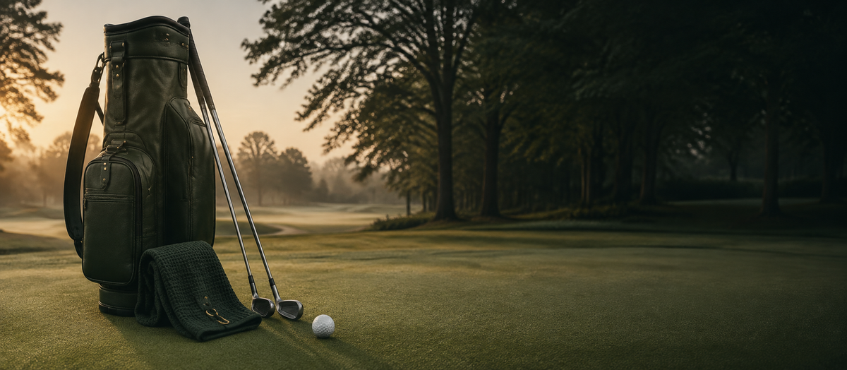 Dark green golf bag, clubs, towel, and golf ball on a putting green at sunrise